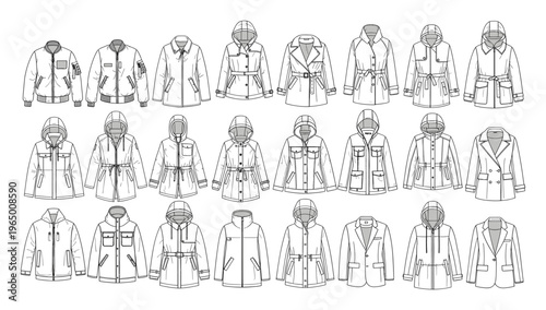 Professional technical flat sketches of various outerwear garments for women and men, ideal for apparel product development, clothing manufacturing, and garment industry documentation.