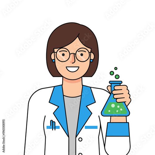 Female scientist holding a bubbling green liquid in a flask, illustration