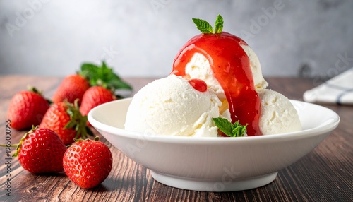 Delicious creamy vanilla ice cream generously topped with fresh strawberry sauce and a sprig of mint, served in a white bowl with ripe strawberries on the side