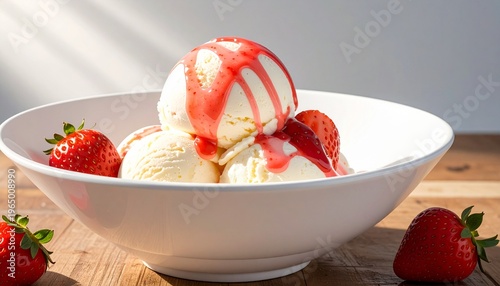 A delightful bowl of creamy vanilla ice cream topped with a generous drizzle of strawberry sauce and fresh strawberry slices