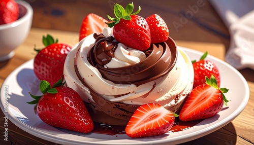 Delectable chocolate and vanilla swirl dessert generously adorned with vibrant fresh strawberries and a hint of mint, perfect for a sweet indulgence