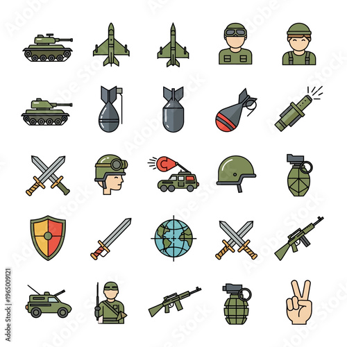 Military Icons Set: Tanks, Jets, Soldiers, Weapons, Bombs, Vehicles