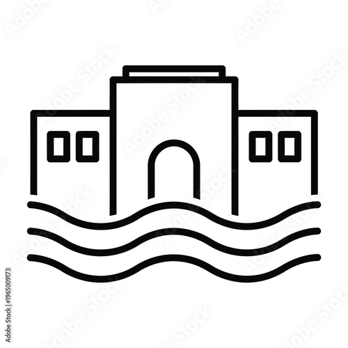 Simple line drawing of a building partially submerged in wavy water icon