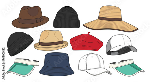 A comprehensive collection of diverse headwear including sun hats, beanies, fedoras, and visors, perfect for apparel websites or summer accessories guides