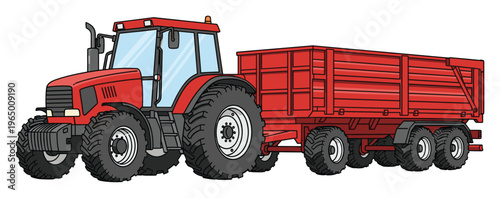 Powerful red farming tractor pulling a large agricultural trailer equipped for efficient rural field work and the transportation of various crops and heavy goods.
