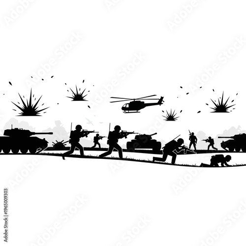 Military Silhouette: Soldiers Advancing with Tanks and Helicopter During Combat