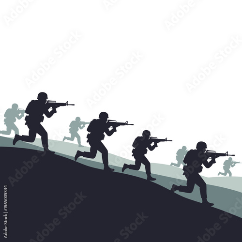 Military soldiers running uphill with rifles, silhouette, action scene, war concept