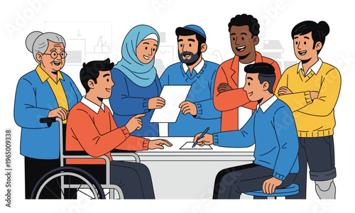 A diverse group of people featuring an elderly woman, a man in a wheelchair, a Black man, and an Asian person collaborating around a table, ideal for promoting inclusion, teamwork, and