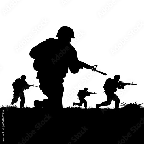 Military Soldiers Silhouette in Combat Action, Running and Kneeling with Rifles