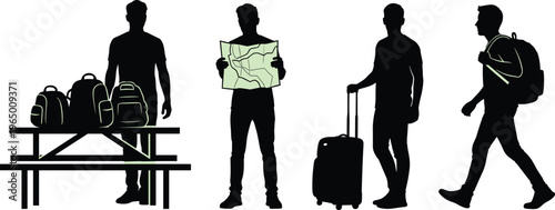 Black Silhouettes of Male Travelers with Green Accents Featuring Man with Map Tourist with Suitcase Backpacker Walking and Luggage on Picnic Table