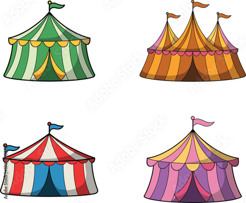 Circus tents set, colorful carnival big top canopies festival event vector illustration isolated
