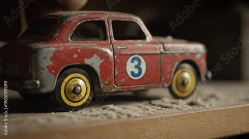 Old Tin Toy on Dusty Shelf Close Up Vintage Childhood Memory