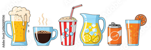A delightful collection of various popular drinks showcasing a frothy beer, warm coffee, a sweet soda, a lemonade pitcher, an orange drink can, and a juice glass for menus.