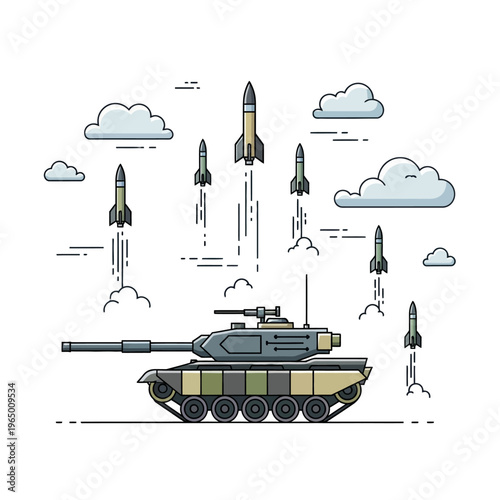 Modern Tank and Missile Launch Over Clouds