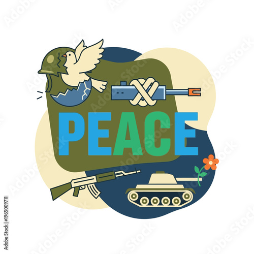 Peace Dove Emerging from Helmet, War Symbols Tied, Hopeful Concept