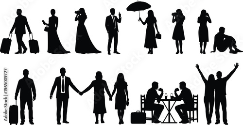 Diverse Black Silhouettes Collection Featuring People Traveling with Luggage Business Professionals Couples Holding Hands Wedding Guests and Tourists Taking Photos on White Background