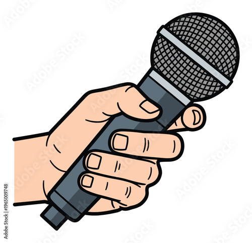 A hand firmly grasps a classic dynamic microphone, ready for speech, performance, or broadcast, perfect for media, communication, and eventrelated presentations.