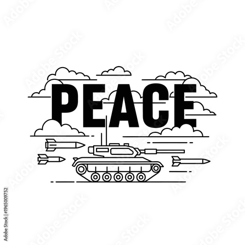 Peace message with tank and missiles in clouds, anti-war concept, line art vector illustration