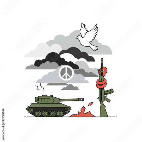 Peace Dove Flies Over Tank and Broken Gun, Symbolizing Hope and End of Conflict