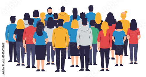 A diverse group of men and women standing together in a large crowd, viewed from behind, symbolizing community, unity, and social connection for various marketing materials and educational