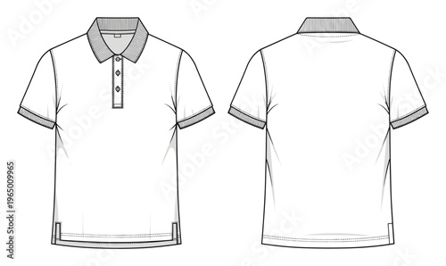 Technical flat sketch of a short sleeve mens polo shirt featuring a ribbed collar, three button placket, and ribbed cuffs, perfect for apparel product development and garment design