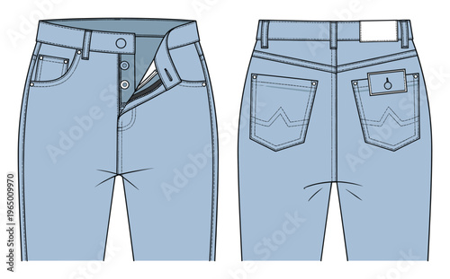 Light blue denim jeans presented in a detailed technical drawing format, ideal for apparel designers and clothing manufacturers creating new product lines and textile collections.