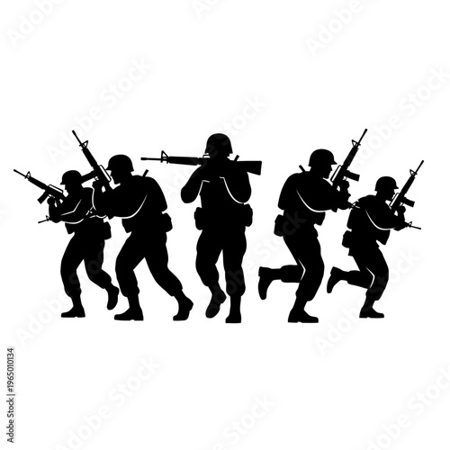 Silhouette of soldiers in formation with rifles, moving forward on white background