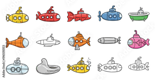 Colorful and diverse underwater vehicles including submarines and exploration vessels, perfect for childrens books, educational materials, or marine adventure themed projects