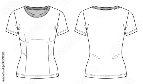 Apparel flat drawing of a feminine short sleeve crew neck top featuring body shaping seams, ideal for fashion design, garment production, and textile industry presentations.