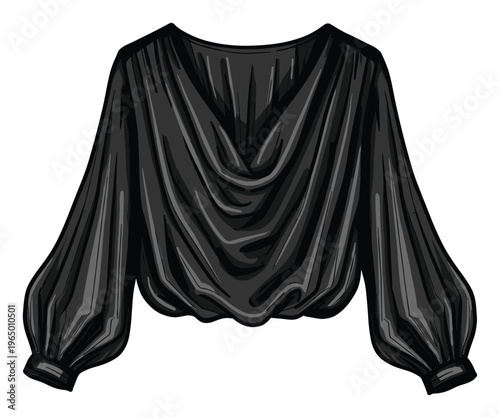 Stylish black blouse with draped cowl neck and voluminous sleeves perfect for womens apparel collections and online fashion retailers showcasing elegant clothing options