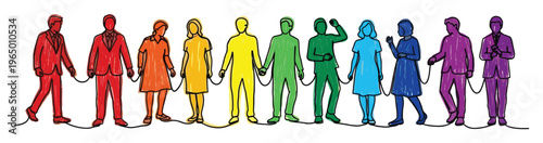 A diverse group of individuals in a rainbow spectrum of colors are linked together holding hands, symbolizing unity and togetherness for social causes or organizational teamwork initiatives.