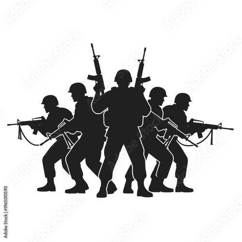 Silhouette Soldiers With Rifles, Military Team Formation, Combat Ready, Armed Forces Group