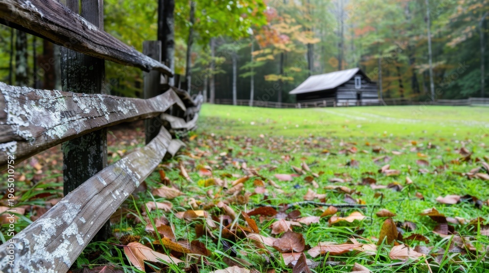 Fototapeta premium Serene Autumn Landscape with Wooden Fence and Rustic Cabin in a Peaceful Forest Setting