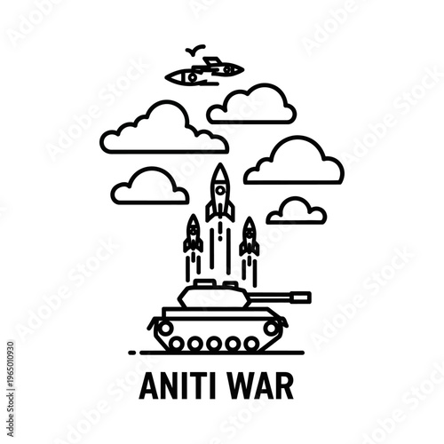Anti-War Tank Launching Rockets Against Clouds and Aircraft Silhouette
