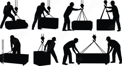 Construction worker silhouettes lifting loads with crane hooks, industrial labor actions vector illustration set