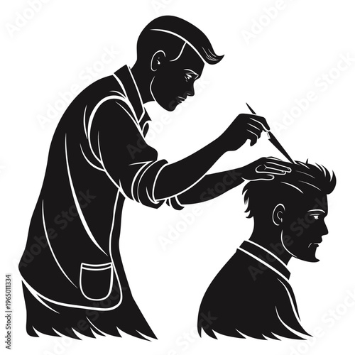 Black silhouette barber cutting hair, professional hairstylist at work, grooming illustration, vector clip art