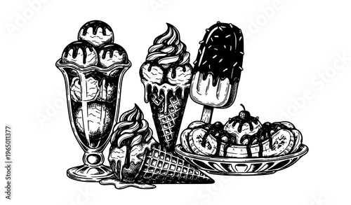 Vintage ice cream dessert set with sundae banana split and popsicle engraved black and white vector illustration
