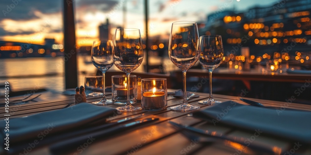 Fototapeta premium Fancy restaurant table outdoors romantic glasses.