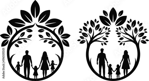 Set of family tree silhouettes featuring parents and children inside a circular leaf frame representing growth unity and togetherness on white background