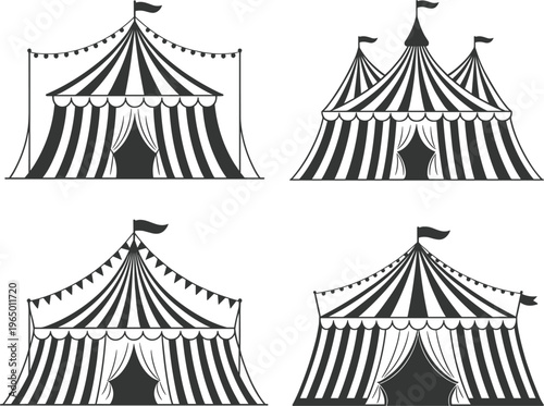 Circus tent silhouettes set, vintage carnival big top striped canopies vector illustration isolated