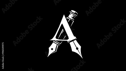 A white graphic design of a capital letter A formed by crossed fountain pens on a black background