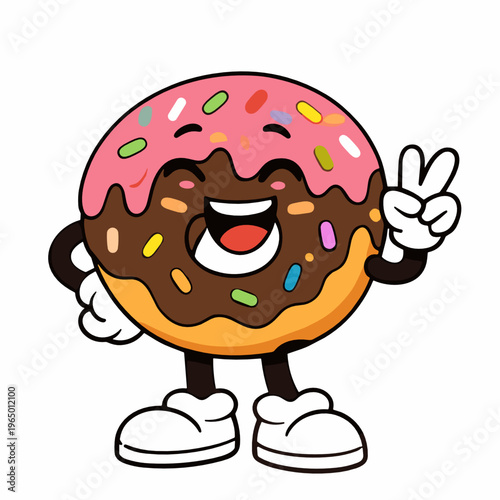 Smiling chocolate donut mascot with pink icing, colorful sprinkles, and peace gesture. Sweet cartoon dessert character for bakery branding, stickers, party designs, and fun packaging.