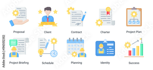 Construction project planning icon set featuring proposal,contract,scheduling,and business strategy.Ideal for planning,management,and workflow concepts.