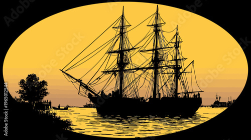 A stylized illustration features a tall ship silhouetted against a golden sunset over water