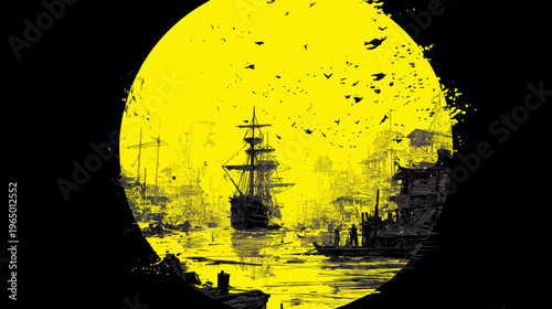 A silhouette of a ship sails across the water against a bright yellow moon backdrop
