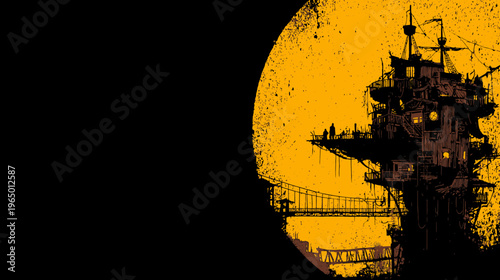 A rustic structure, silhouetted against a yellow-orange sphere, dominates the right side