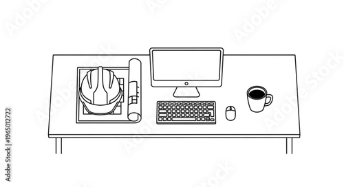 Office desk with computer, keyboard, mouse, coffee, and hard hat.