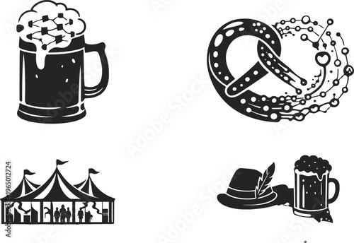 Oktoberfest symbols with beer mug pretzel hat and tent silhouette