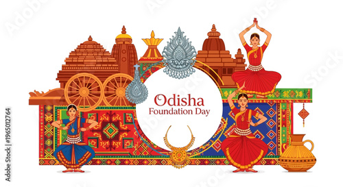 Vector illustration of Odisha Foundation Day celebration with traditional Indian designs and motifs on a colorful background