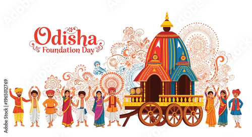 Illustration of people celebrating Odisha Foundation Day with a colorful chariot and traditional designs on a white background.